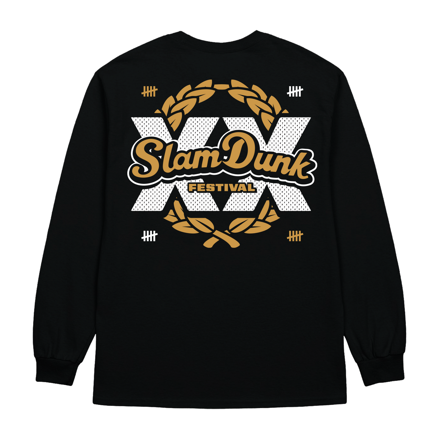 Black anniversary longsleeve featuring bold slam dunk festival graphic with gold and white mesh lettering and laurel wreaths