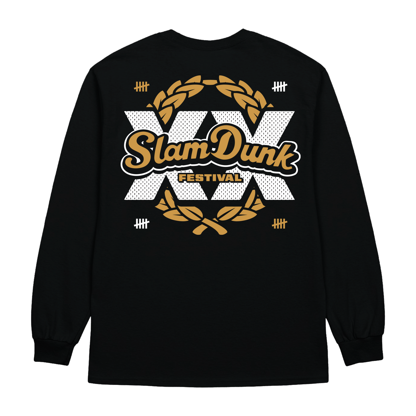 Black anniversary longsleeve featuring bold slam dunk festival graphic with gold and white mesh lettering and laurel wreaths