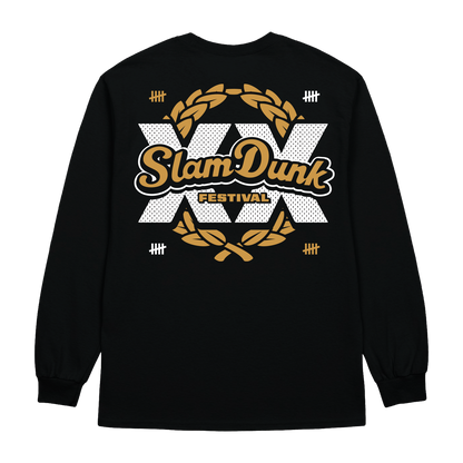 Black anniversary longsleeve featuring bold slam dunk festival graphic with gold and white mesh lettering and laurel wreaths