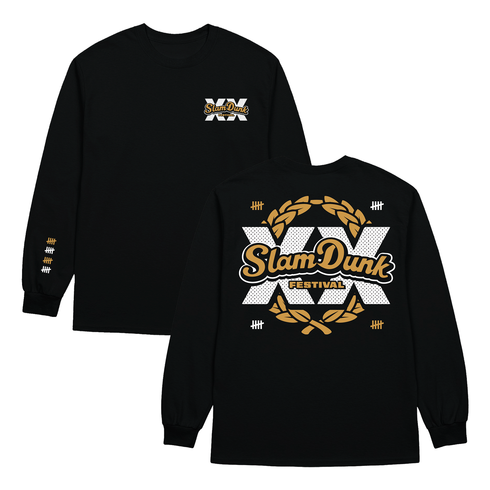 Black anniversary longsleeve shirt with bold white and gold slam dunk festival graphic and laurel wreaths on the back