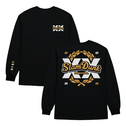 Black anniversary longsleeve shirt with bold white and gold slam dunk festival graphic and laurel wreaths on the back