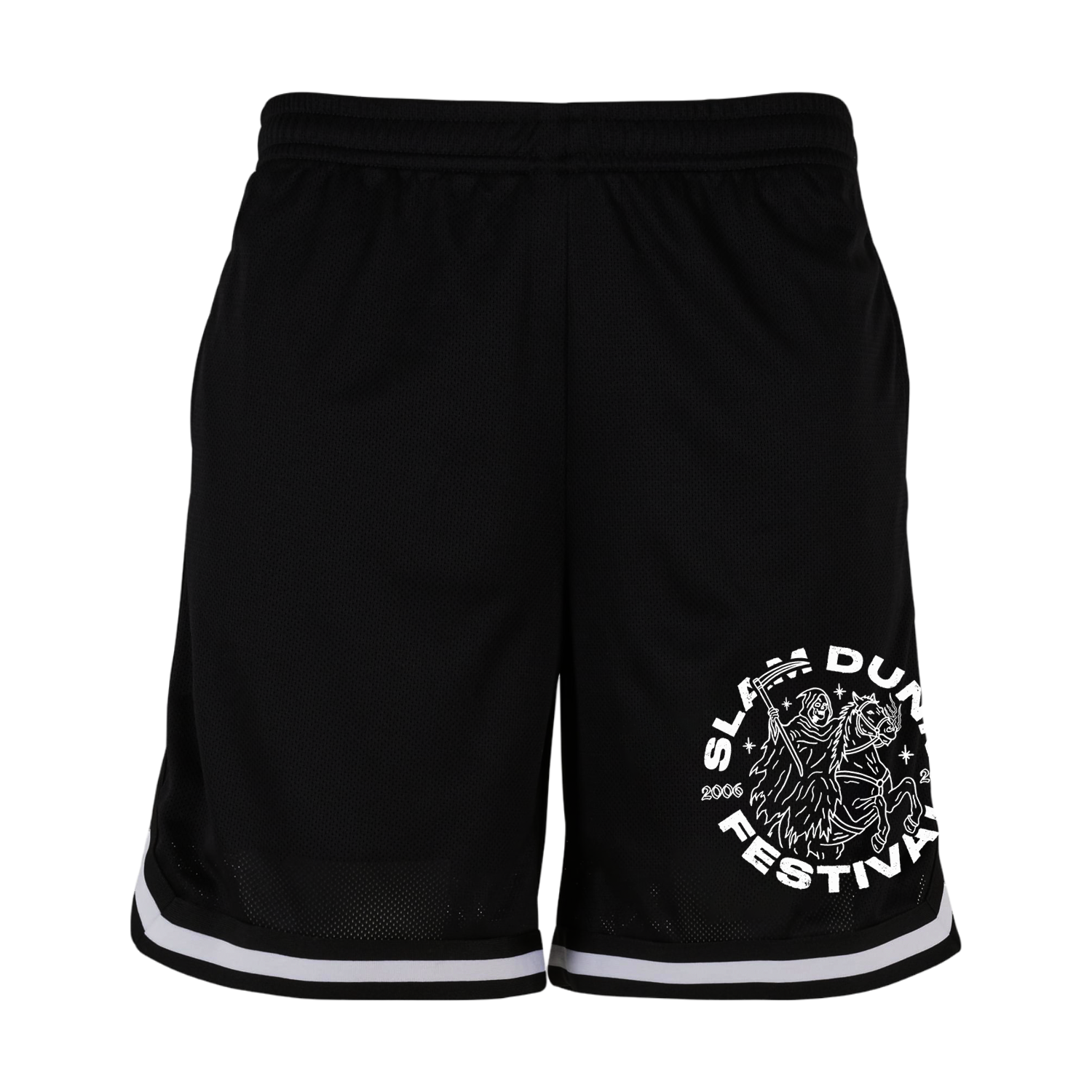 Year of the horse basketball shorts black with white trim and circular sla dun festival graphic on left leg