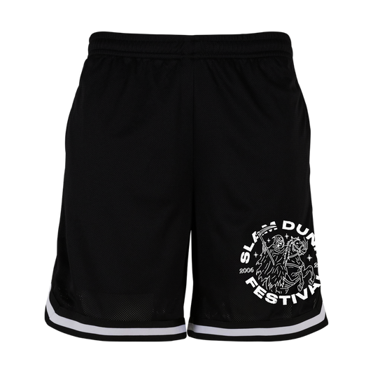 Year of the horse basketball shorts black with white trim and circular sla dun festival graphic on left leg