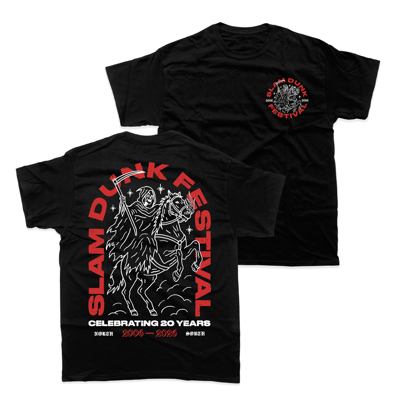 Black horse t-shirt featuring a white and red grim reaper on horseback graphic with slam dunk festival 20 year design