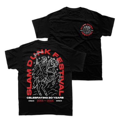 Black horse t-shirt featuring a white and red grim reaper on horseback graphic with slam dunk festival 20 year design