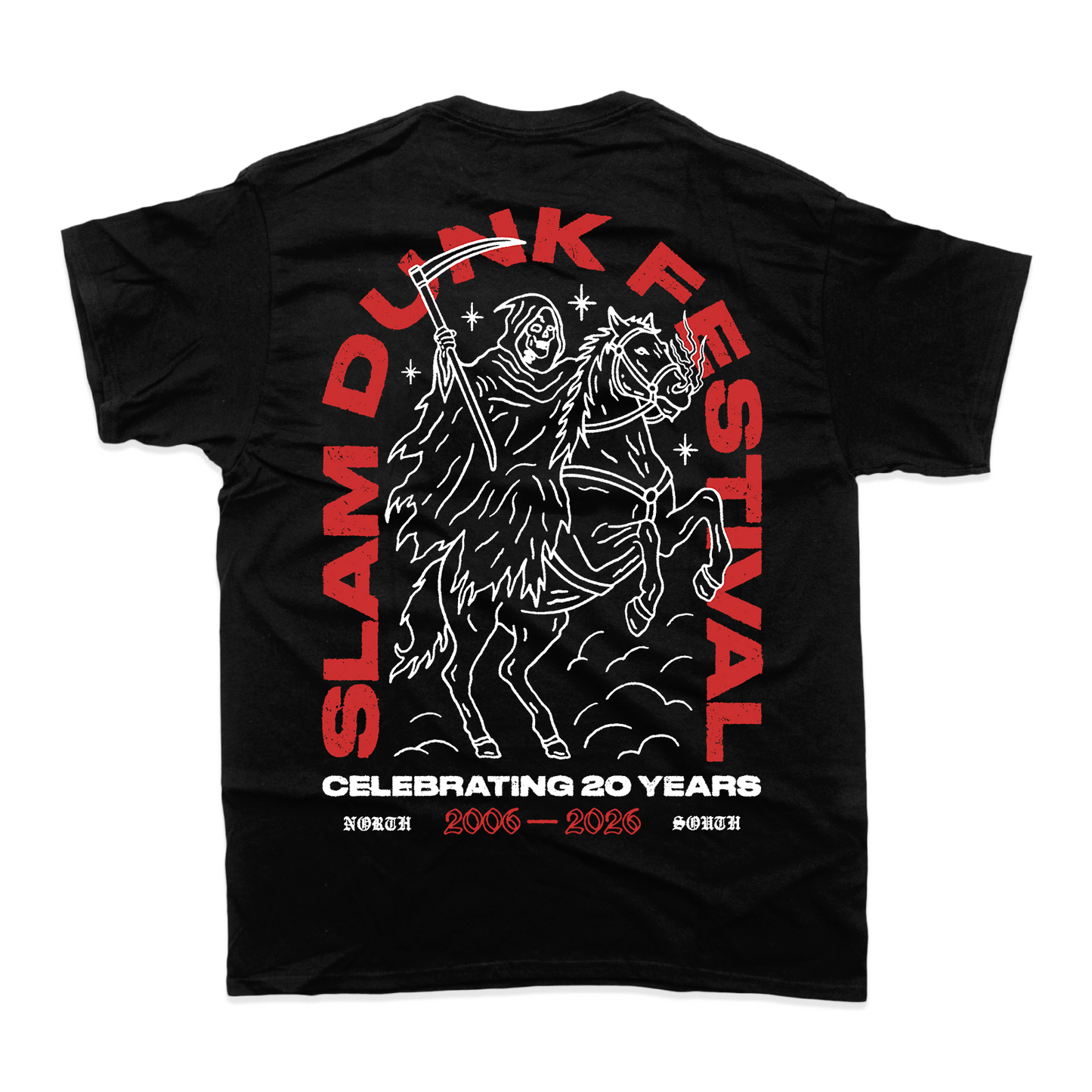 Black cotton horse t-shirt featuring a bold white grim reaper on horseback graphic and red slam dunk festival text