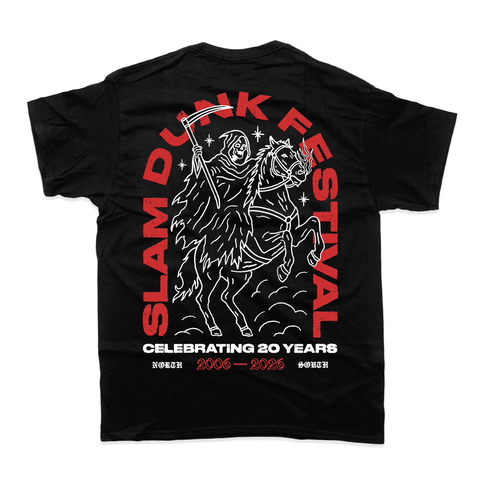 Black cotton horse t-shirt featuring a bold white grim reaper on horseback graphic and red slam dunk festival text