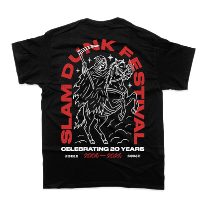Black cotton horse t-shirt featuring a bold white grim reaper on horseback graphic and red slam dunk festival text